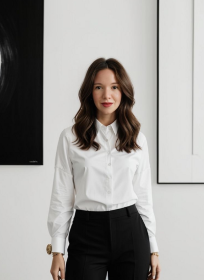 YASMIN ROGERS IN WHITE SHIRT IN BLACK AND WHITE OFFICE