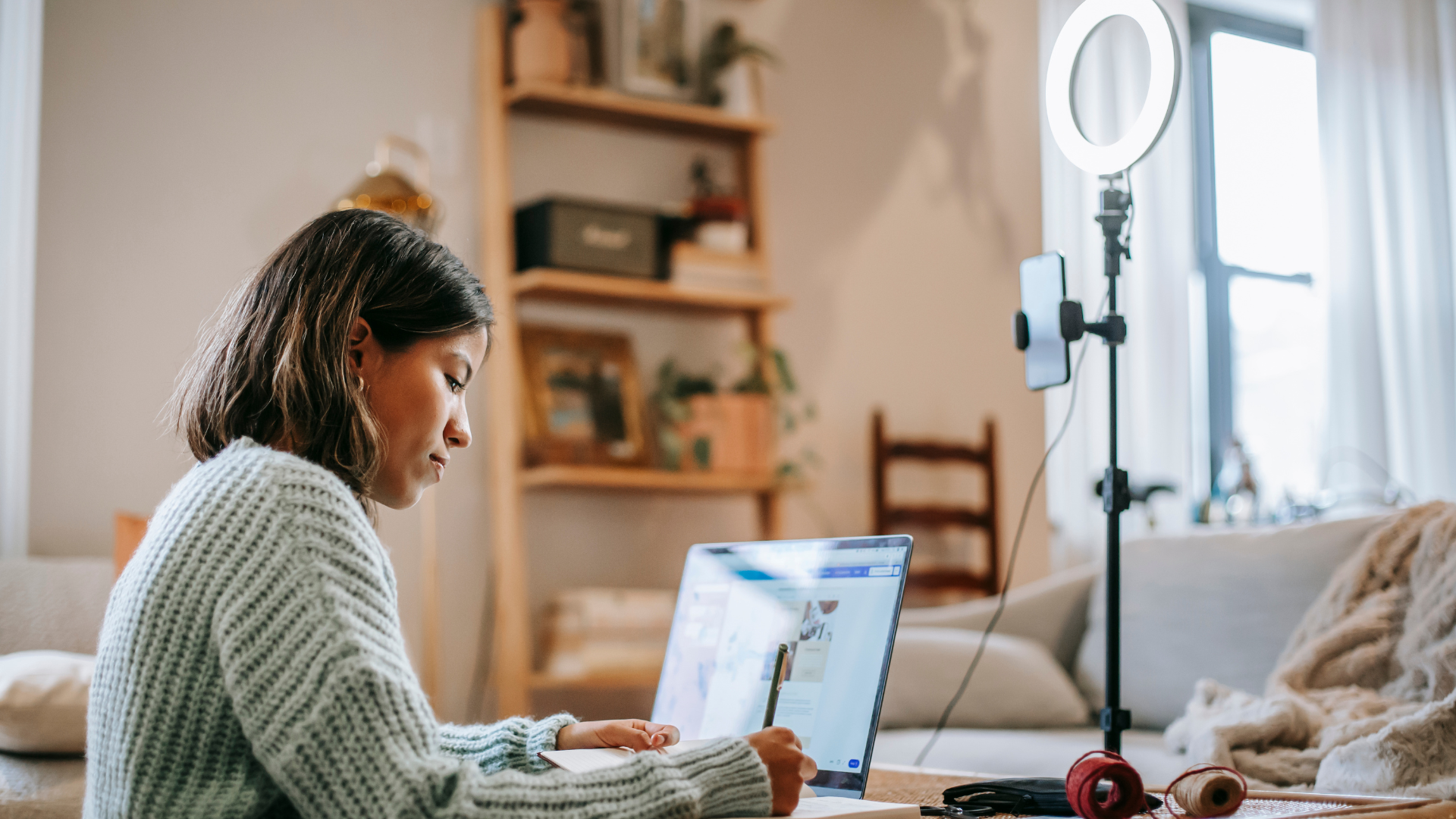 Content creator woman making content